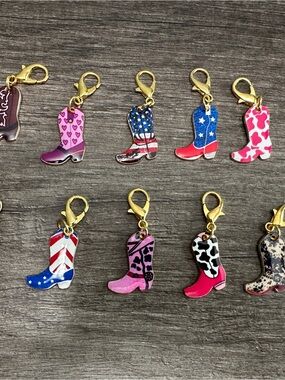 Lot of 12 Cowboy Boot Metal Charm Dangles, Multicolor, Lobster Clasps